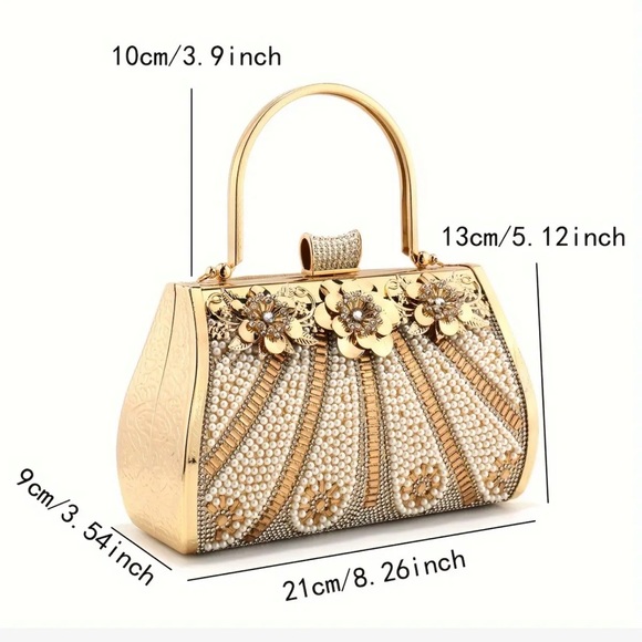 NIP Golden Evening Clutch with Rhinestones & Pearls Glittery Beaded Handbag f - Picture 6 of 6